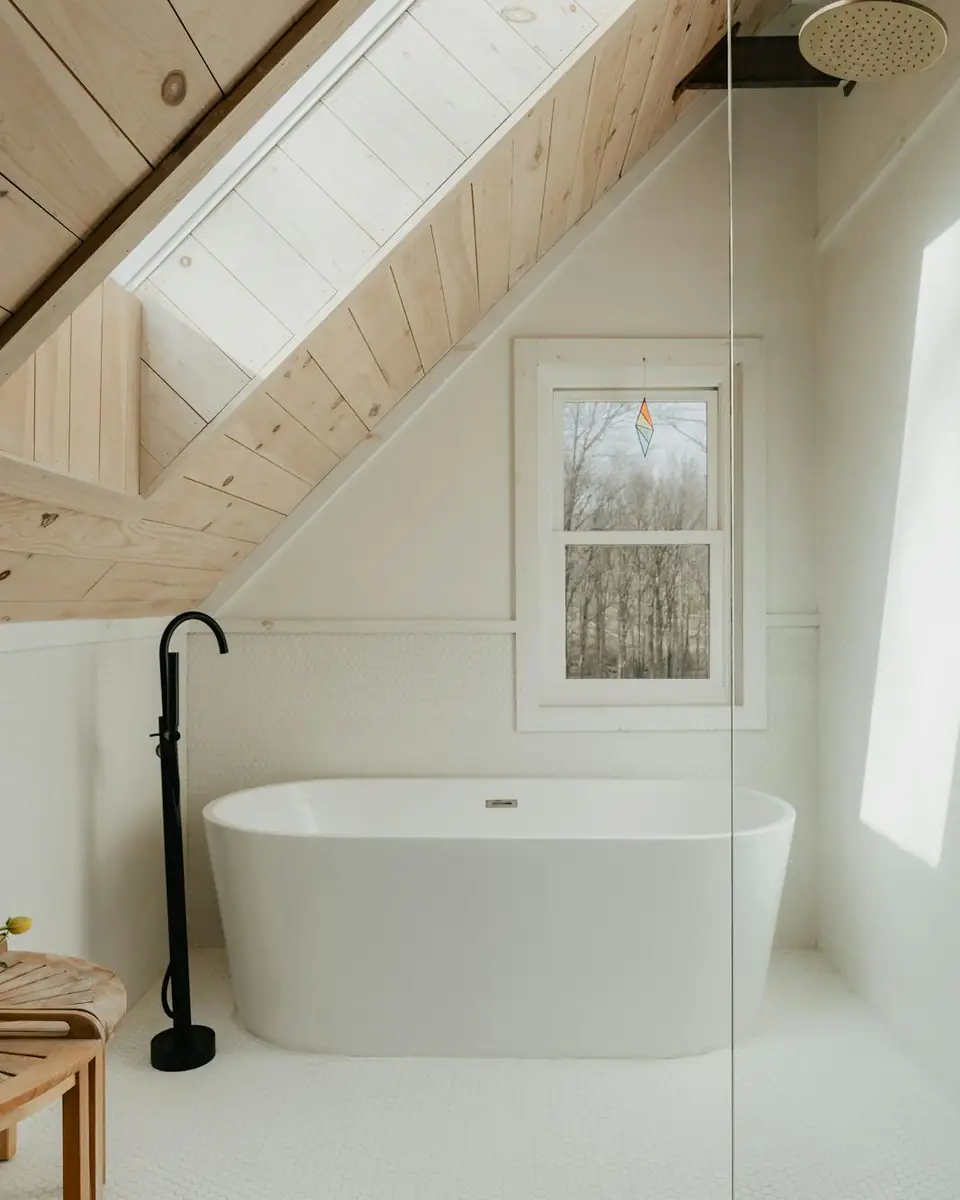 Baño blanco con bañera y techo de madera