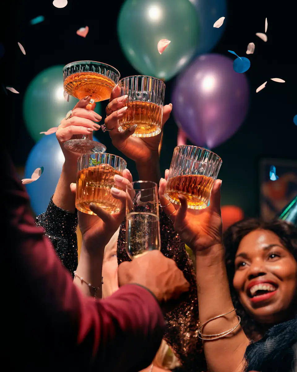 Brindis con copas entre globos en un cumpleaños