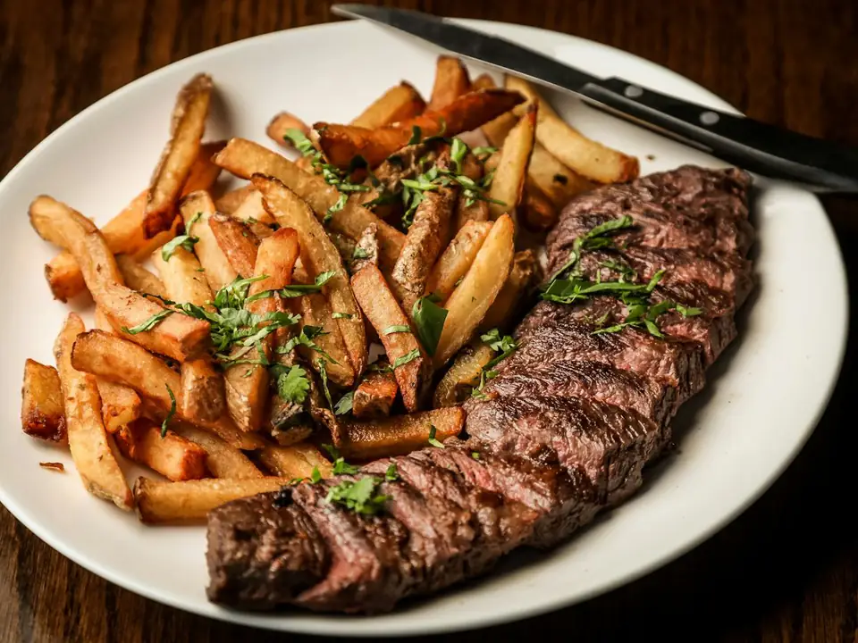 Entraña a la parrilla con papas fritas en un plato blanco