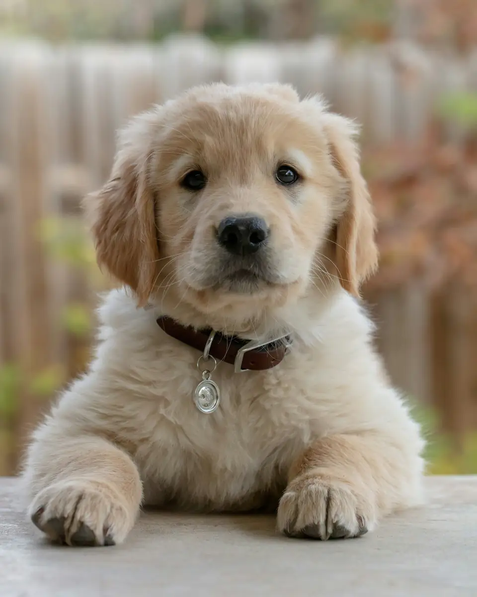 Un cachorro de golden retriever apoyado en el piso mira a cámara
